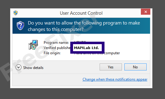 Screenshot where MAPILab Ltd. appears as the verified publisher in the UAC dialog